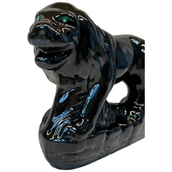 Vtg MCM Black Ceramic Stalking Lion Cat Figurine Green Eyes 9” Gloss Art Rare - Picture 9 of 16